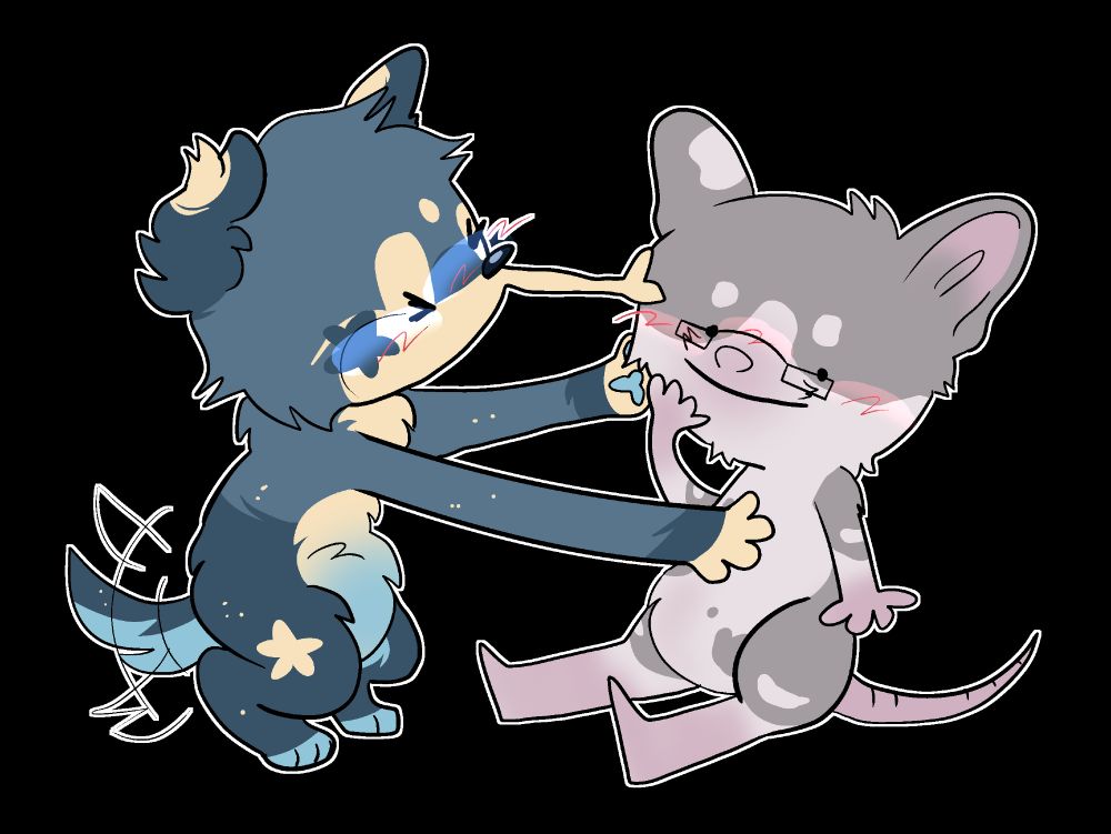 My sona (blue dog, anthro, he/him) smooching his person he really likes (Grey rat, anthro, he/him)!