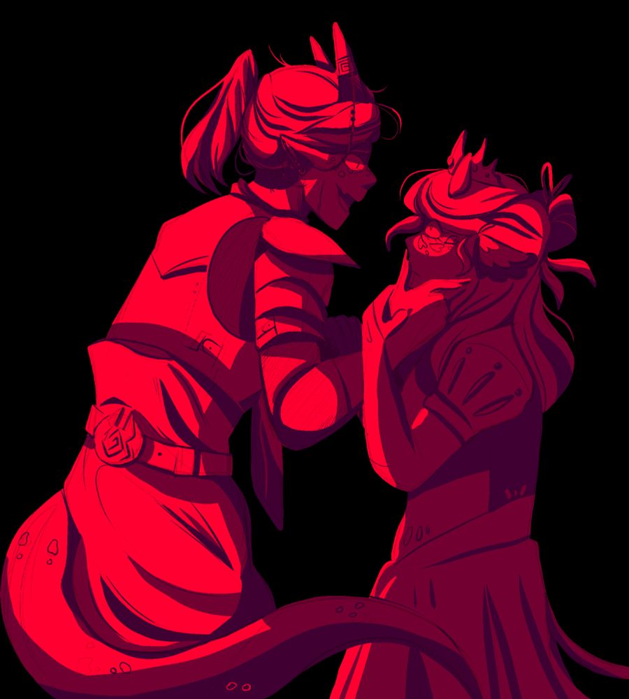 May 2024, the newest version of the work! Features two red and purple figures (dragon tails/horns, but otherwise human) in royal clothing- the taller one gripping the smaller ones face as the smaller one looks on in fear. 