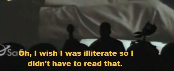 silhouettes of the mst3k gang, caption below reads "oh, i wish i was illiterate so i didn't have to read that."
