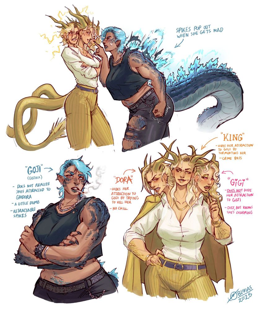 Godzilla and king ghidora are depicted as monster women arguing with homoerotic subtext. Both have some of the monsters' characteristic features with gojira having her tails, spikes, and some scales and ghidora have her horns, tails, 3 heads, and some scales. Gojira is heavyset and musclebound with punkish clothes and ghidora (heads labeled as "King", "Dora", and "GiGi" is wearing a golden suit with the coat draped around her shoulders to emulate her wings