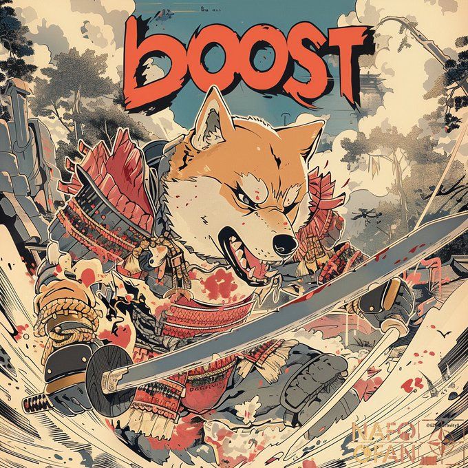 illustration of a Shiba Inu fella in samurai armour holding a katana. Text above reads BOOST