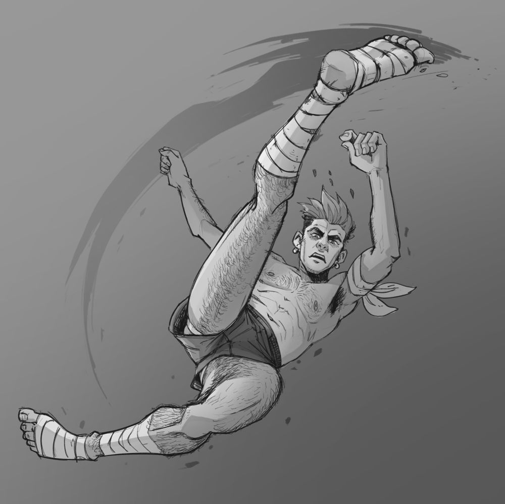 drawing of a man in the middle of an aerial kick. The image is viewed from a low angle. The man is shirtless, with a short and bandaged legs