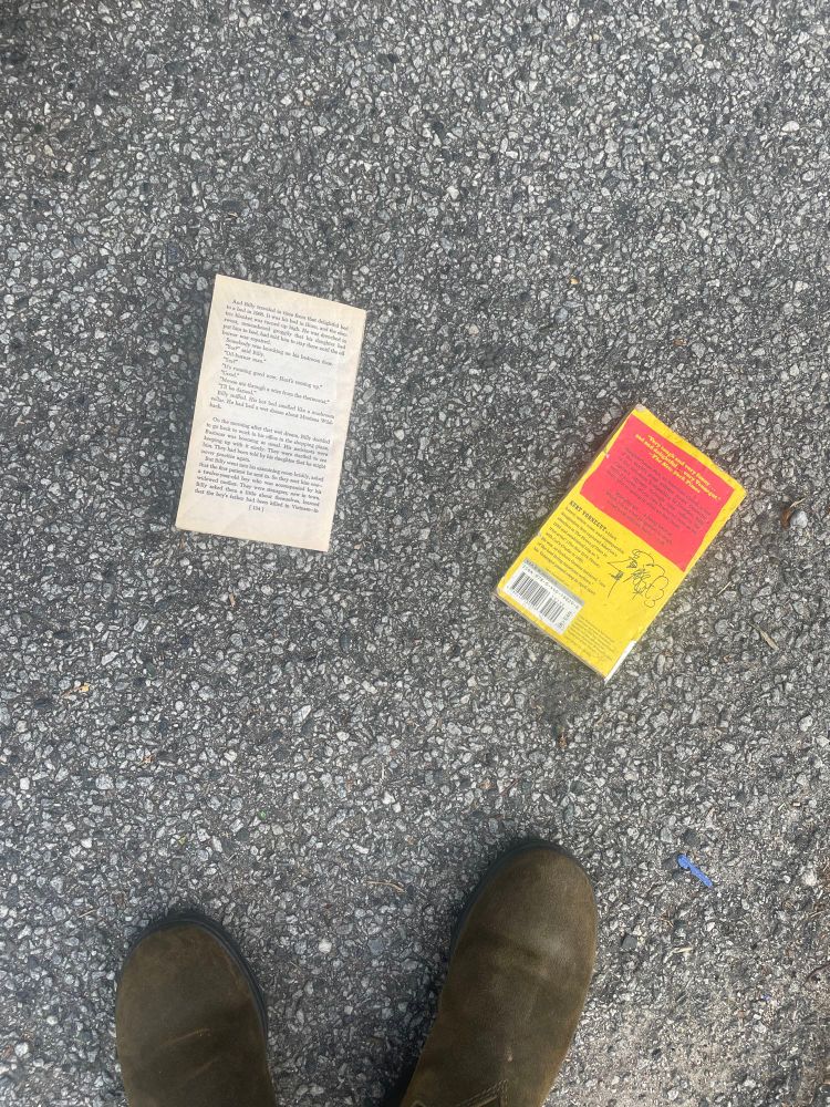 Two halves of Slaughterhouse Five by Kurt Vonnegut, lying in the middle of the road 