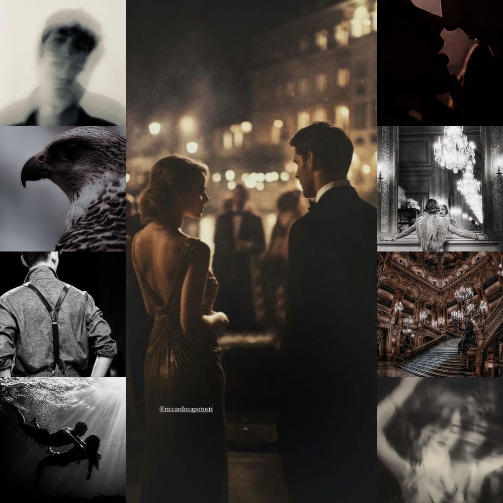 Blurred young man, falcon profile, young man in suspenders, couple underwater, 1920s couple at a fancy party, close-up kiss silhouette, 1920s young woman at mirror, grand gothic staircase, blurred young woman