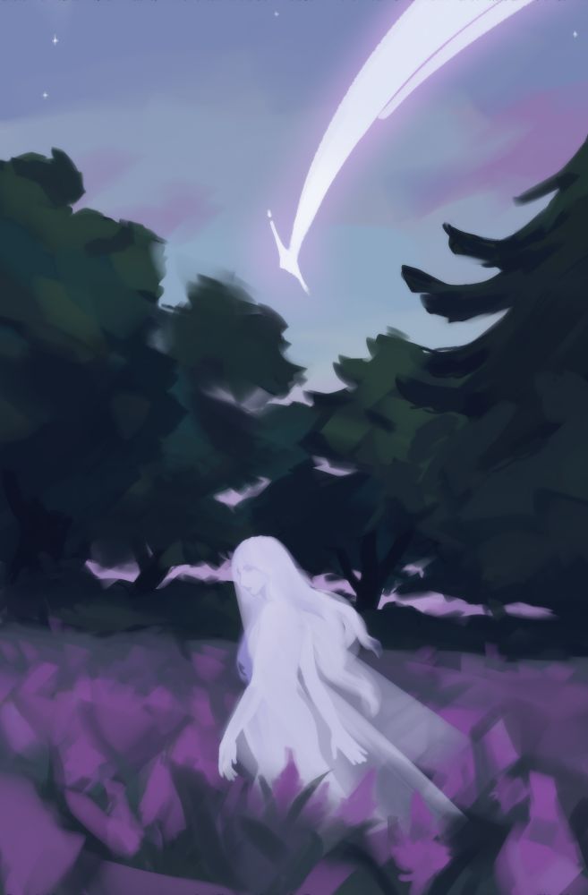 A misty ghost walks through a field of pink Rosebay Willow flowers in the early evening. The background is loosely painted, the trees are dark shapes of deep green, and in the pale blue sky above a shooting star beams down. The ghost glances over her shoulder towards the observer. 