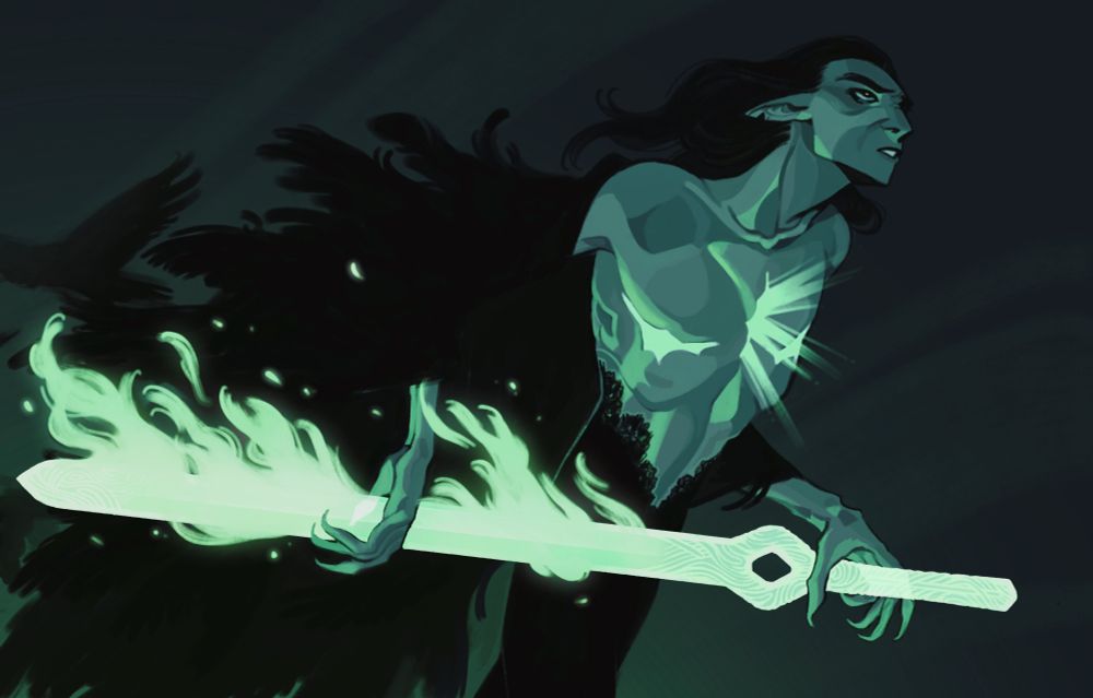A digital painting, primarily consisting of deep green, bright pale green and teal. It depicts a person striding forward with fierce momentum, their black hair is blowing backwards and their black coat of feathers is falling off their shoulders. Their chest is bare and revealing several scars that are glowing bright green. In their hands, as though manifested by magic, a long greatsword burns with green flames which bathes the person in green hues. 