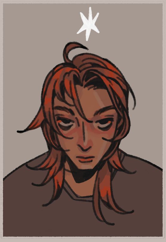 Digital drawing of a portrait of a character. They got a bored expression and dark bags under their eyes. Their hair is wispy and red and hangs over their forehead and frames their face and appears to be long in the back as it lays over their shoulders. Above their head a sparkling star can be seen, the brightest part of the drawing which is rather monocolored and muted