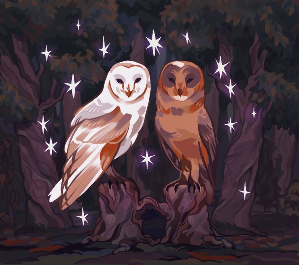 Digital painting of two large barn owls. One is a typical white one, the other is a melanistic barn owl with darker brown feathers. They are each sitting on one tree stump with a branch connecting the trees together, as though the trees were once upon a time holding hands. Around them are bright sparkles dazzling them as they look towards the observer. They are surrounded by woods and trees with green and golden leafs, everything is tinged purple as though it was late evening. Those who look closely upon the trees would notice that there are faint markings of animals and celestial bodies on the trees. One tree bears a snake and a moon, one a hare in full sprint and one depics a fish. The two tree trunks the owls are sitting on have more visible markings; both depict an owl each, the white owls tree has a moon and the brown owl has a star. 