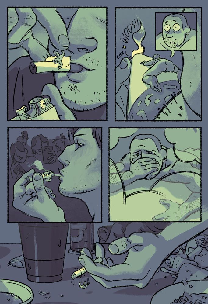Now only about an inch tall, Ty is roughly dropped onto a cigarette being held in a man's mouth. The cigarette is lit and the smoke is blown onto Ty as he helplessly grasps the cigarette. Ty is then unceremoniously dropped onto a messy table. He is tiny compared to the drink cups, corn chips, and vape scattered around him. 