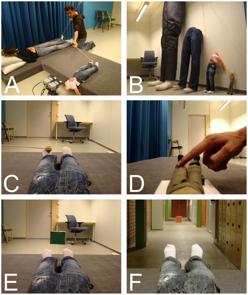 Grid of images illustrating experimental setups in which a participant wearing VR-like goggles lies on their back and is presented with a first-person point of view of a doll.