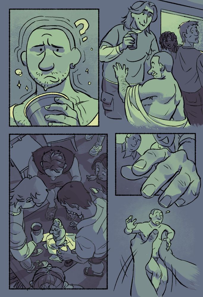 Ty begins to shrink after drinking the mysterious beverage. Shocked and delighted onlookers gather around him to witness him shrink out of his clothes to the size of a doll. One man abruptly lifts Ty from the ground. 
