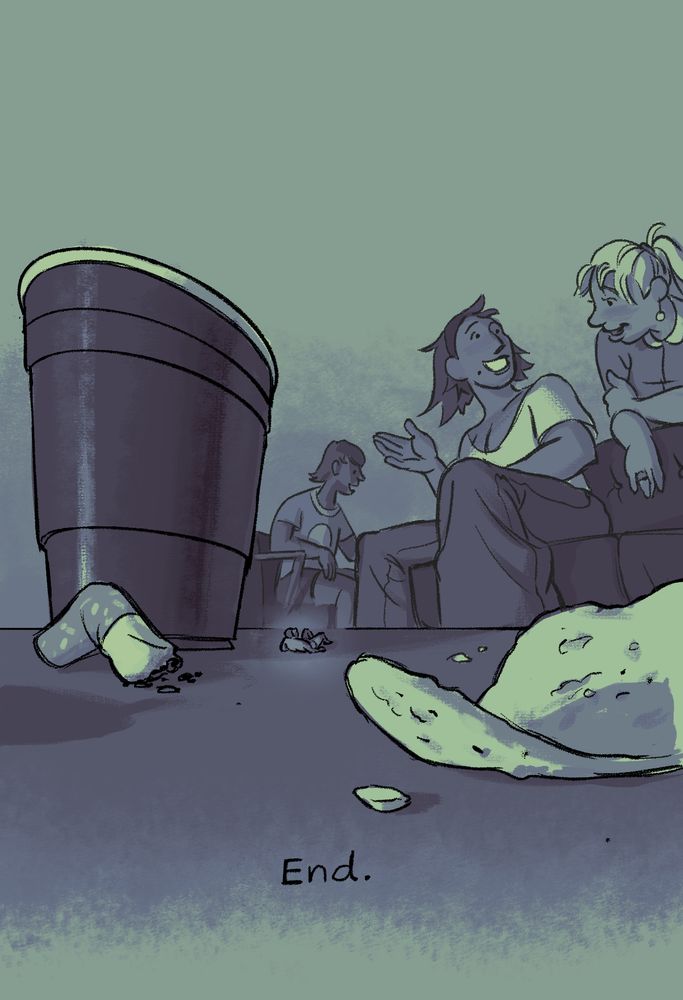 Ty lies on the table, tiny and discarded, among party detritus like a snuffed cigarette butt and a drink cup. The partygoers in the background have gotten the entertainment they needed from him and have moved on to their own conversations. 