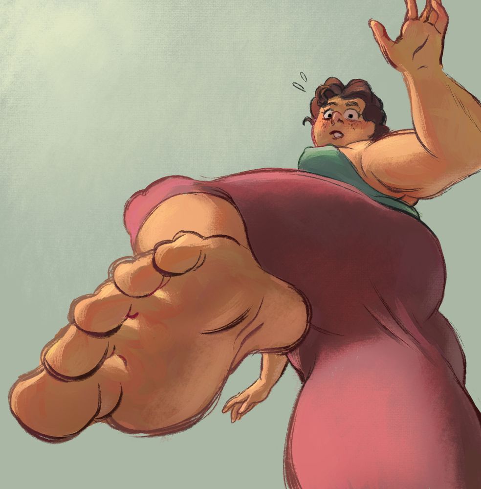 Low point of view drawing of a woman looking down at the viewer in surprise. She is lifting her foot which is enlarged due to foreshortening. 