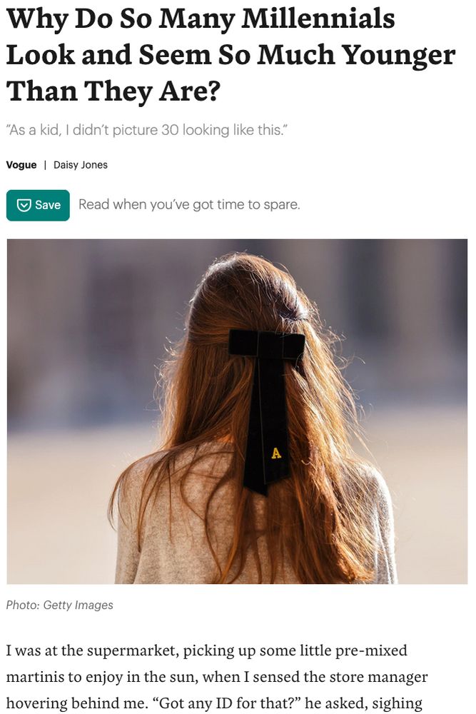 Clickbait headline reading, "Why Do So Many Millennials Look and Seem So Much Younger Than They Are?" accompanied by a photo of a brown-haired woman facing away from the camera, presumably because she's too young to know which way to face