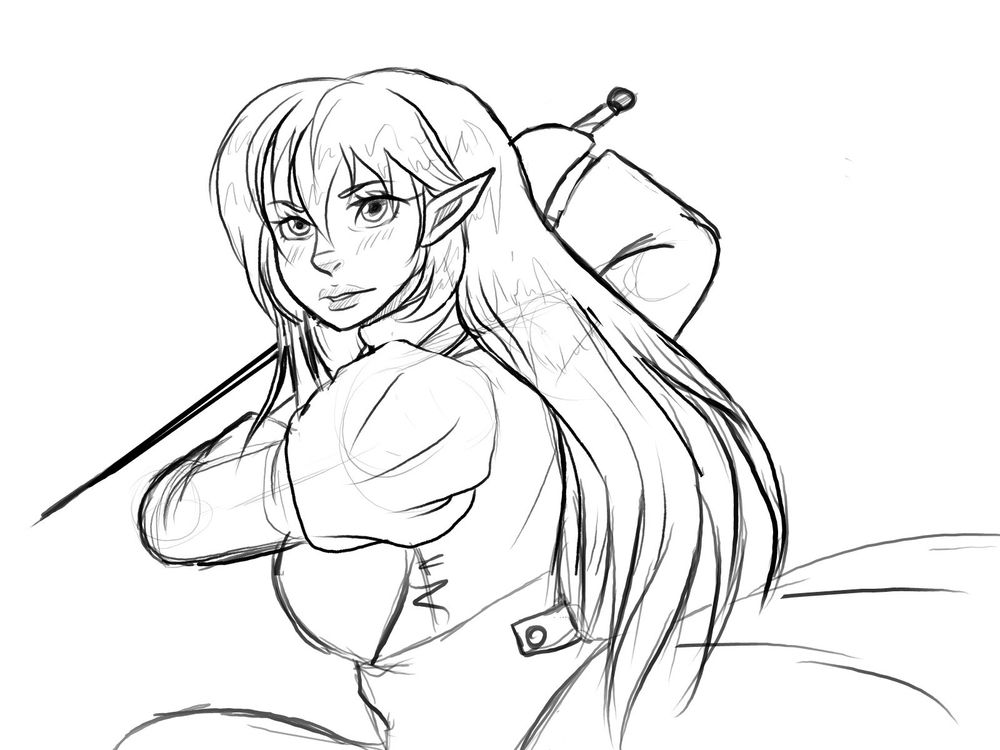 A long-haired elf woman wearing a long coat with thick shoulders and holding a sword