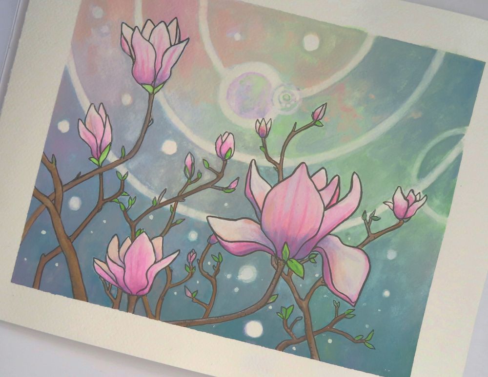 Gouache painting on paper of pink magnolia flowers blooming against a magical background of blue and shimmering soft pinks, purples, and greens