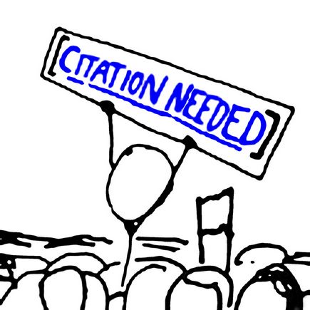 A stick figure holding a sign over its head that reads "citation needed" in the style of a wikipedia "citation needed" link