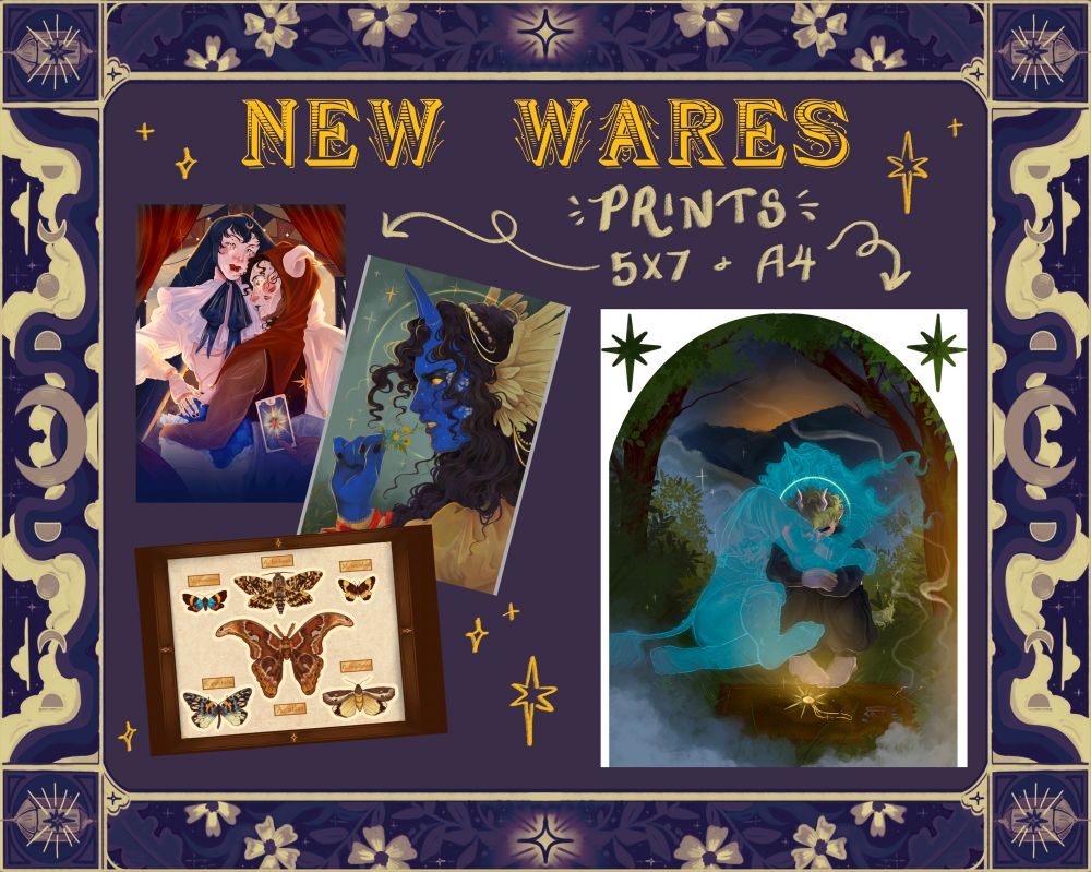 Text reads: new wares. Prints- 5x7 and A4