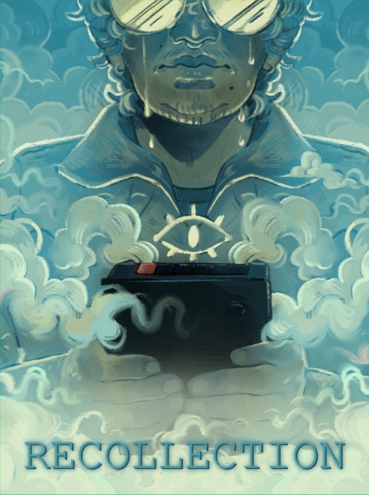 A poster style illustration of the Magnus archives episode, Recollection. It is a close cropped drawing of Martin, his hands clutching a tape recorders, misty clouds surrounding him. His eyes are obscured by his glasses, but tears roll down his cheeks. The piece is painted in shades of blues, it is cold and lonely. At the bottom, the title of the episode is written.