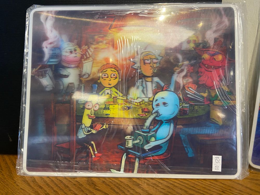 3D graphic mat with multiple Rick and Morty characters smoking weed. 
