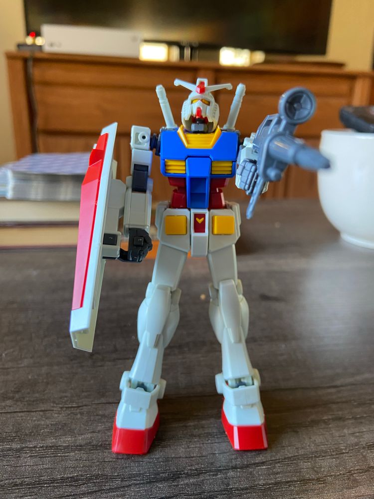 RX-78-2 Gunpla, first one I’ve clicked and clacked together. Pointing its weapon at the camera