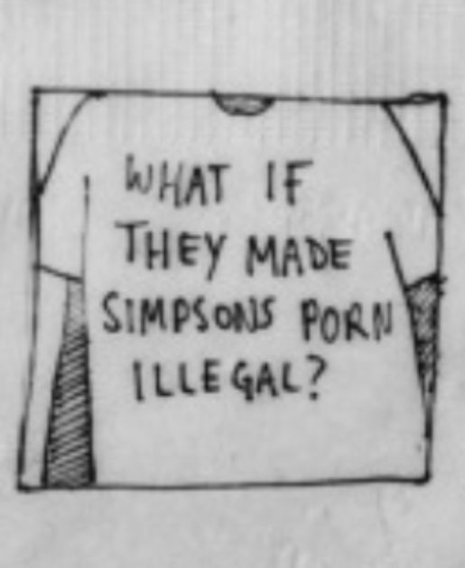 middle panel of Teen Comix by Branson Reese, zoom in on a t shirt that says “what if they made simpsons porn illegal”