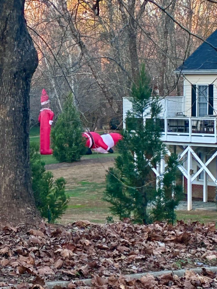 A backyard with leaves and grass. A blowup Elf on a Shelf stands behind a blowup Santa that’s bending over forward. 