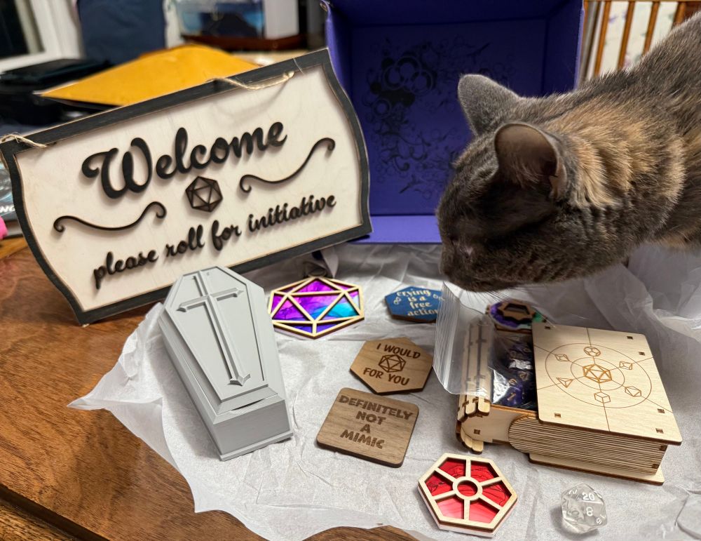 Assortment of delightful wood magnets, a welcome sign, printed coffin dice box, book dice box with purple resin dice, and beautiful purple leather-ish dice tray. Gray cat is carefully examining the swag.
