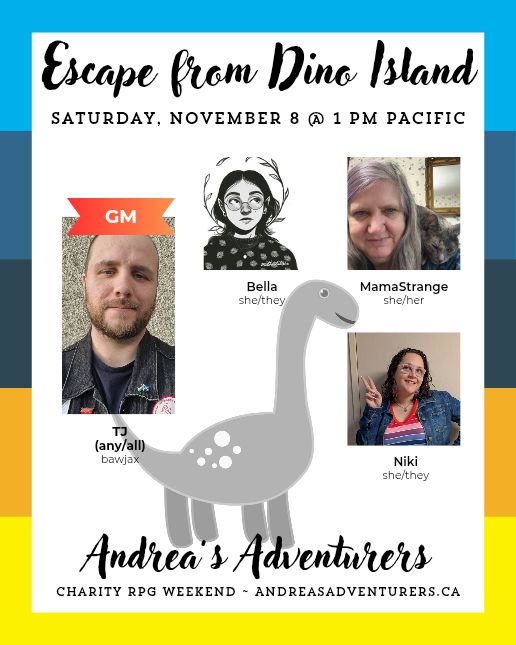 Game pister fir Andrea’s Adventurers streamed game of Escape from Dino Island, featuring pictures of gm TJ, and players Bella, Niki, and Mama Strange. Saturday Nov 8, 1 pm PST!