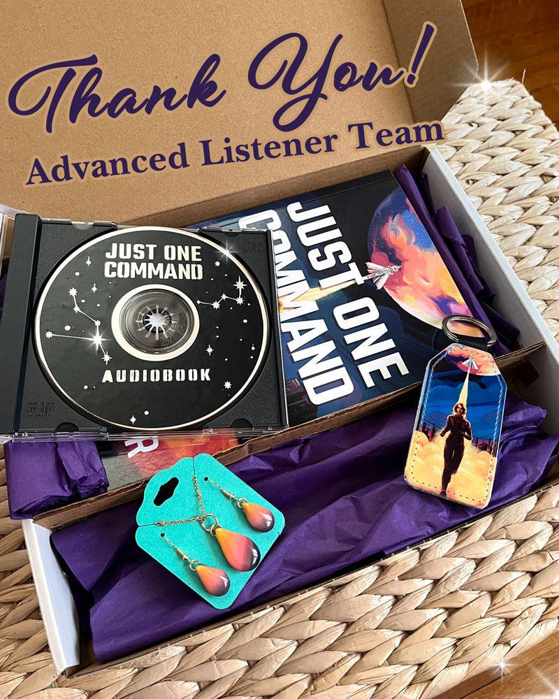 Promotional box for the book "Just One Command" by M.E. Harker. The box contains a copy of the book, a CD version of the audiobook, a keychain, and a jewelry set themed around the book's cover art. Text above the image reads: "Thank You Advanced Listener Team."