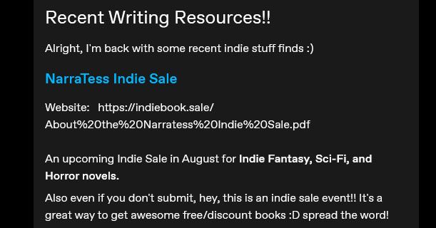 A screenshot of a post made to a Social Website. The post promotes the Narratess Indie Book Sale.