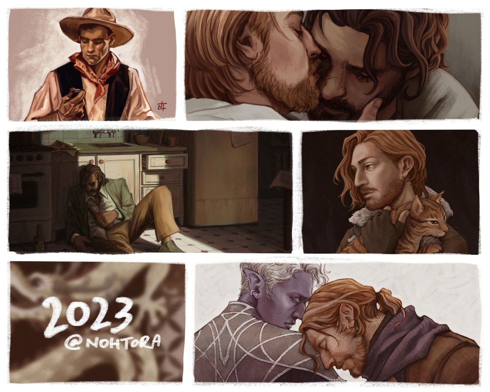 Compilation of 5 digital illustrations, and one blurred illustration behind the text "2023 @nohtora"