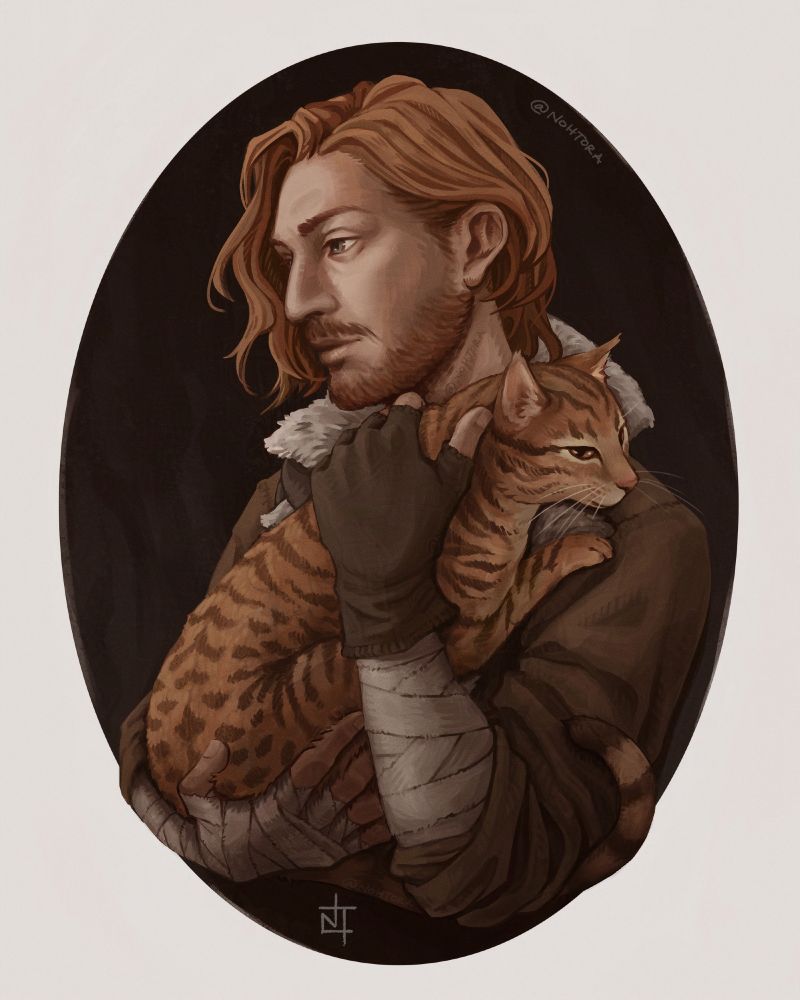 Digital illustration of Caleb Widogast from Critical Role, holding his Bengal cat familiar Frumpkin against his chest in a relaxed manner. The figures are set against a black-brown oval background with very faint brush strokes alluding to smoky flames.