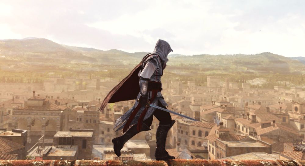 Ezio Auditore walking on a roof with Firenze in the background. He is wearing his sword