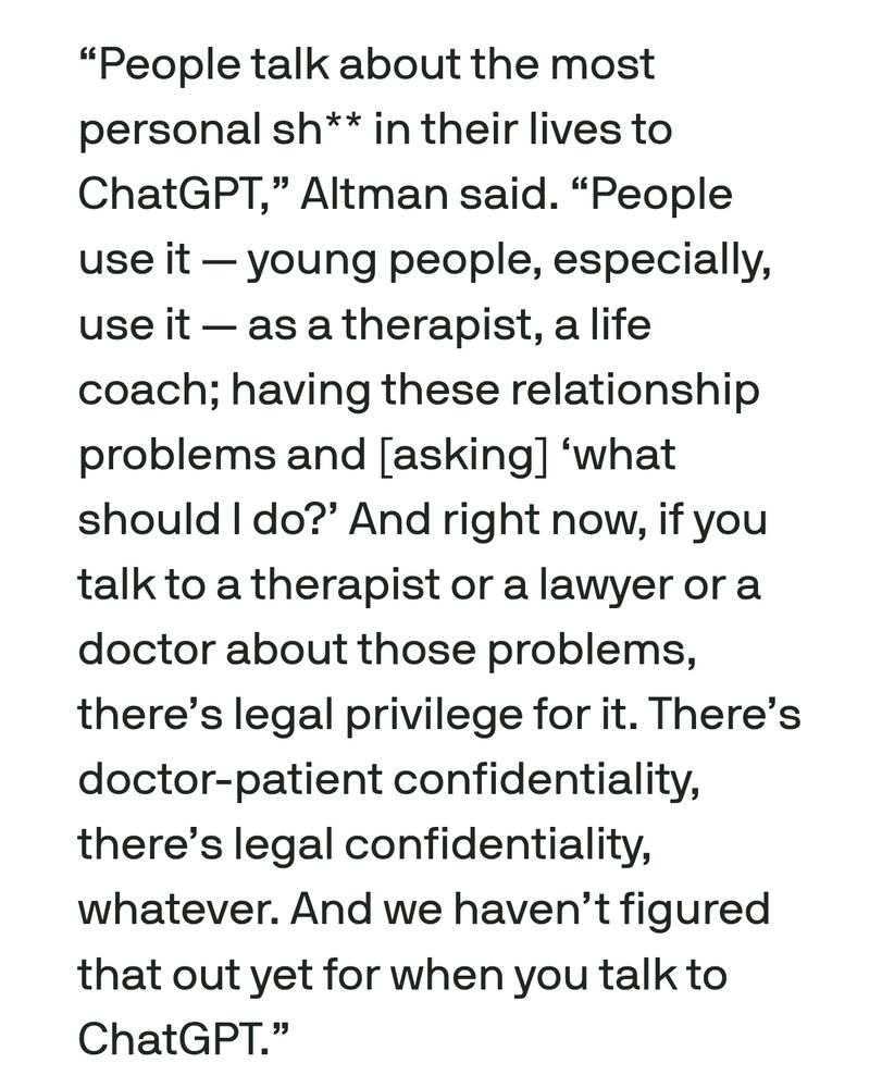 Sam Altman's comments on legal confidentiality of chats on ChatGPT.