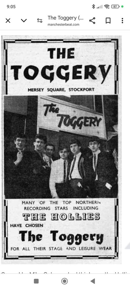 1960s advert for the Toggery clothes shop in Stockport.With a photo of the Hollies.