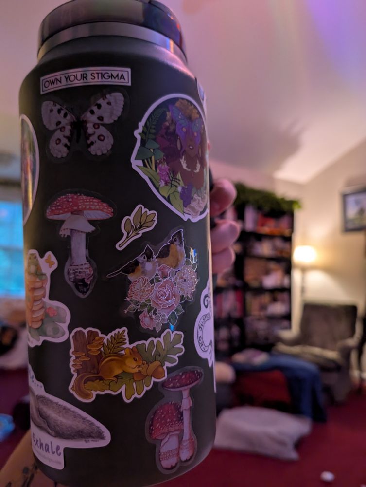 A green 64 oz Stanley mug with a number of stickers on it. There is a holographic one that says OWN YOUR STIGMA, some weirdly drawn tufted tip mice with pink roses, more mushrooms (fly agaric), and an illustration of a chipmunk with acorns and oak leaves and ferns and mushrooms on a stump. You can see a sticker of a black fae with butterflies over their eyes, which is from the Peculiarity Shop "Oberon's Court" mystery box.