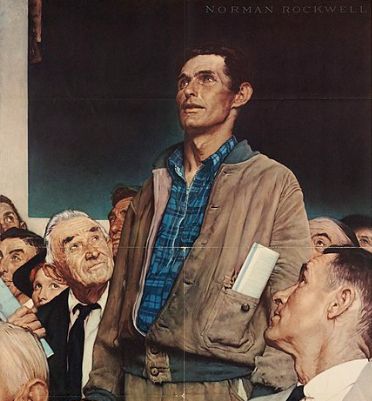 most of "freedom of speech" by norman rockwell - a painting of a white farmworker guy in a meeting of white white-collar guys (and like, half the face of a lady maybe) standing up to speak.