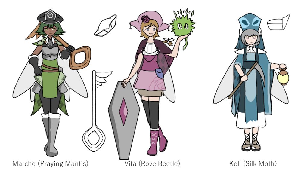 Three bug-themed character designs. The first has green warrior clothes and wields a large key. The second has pink fashionable clothes and has a large shield and a green fluffball creature. The third has blue robes and wields a kama (sickle) and lantern.