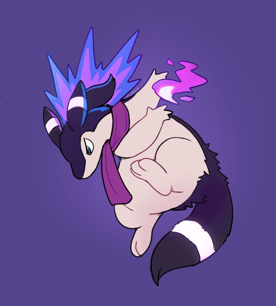 The image shows Tyra, a Pokemon hybrid of Typhlosion and Umbreon. 
The character has beige and dark purple hair, and wears a purple scarf around her neck. Tyra's ears and tail have a small luminescent ring on the middle of them like on an Umbreon, she also has ponytail hair. She's seen preparing a magic fire attack, indicated by the magenta fire appearing between her palms. Like usual Typhlosion however, her back neck also has fire lit on it, albeit it's a different colour and shape pattern there: a zig-zag with light purple being the inner and faint blue being the outer colour.
