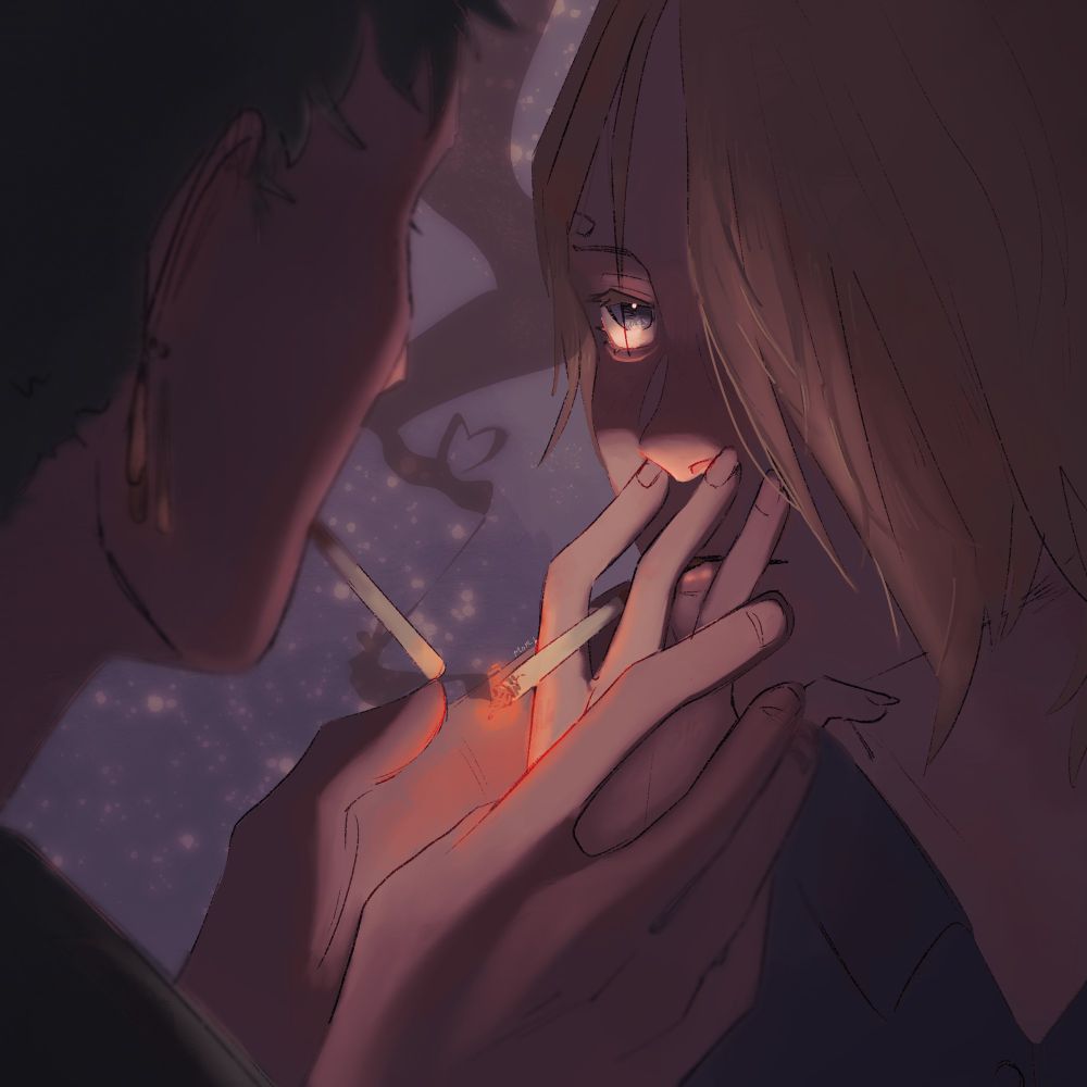 vinsmoke sanji from one piece holding his lit cigatette and looking at zoro lovingly while zoro leans in closer to light his cigarette on sanjis (gay)