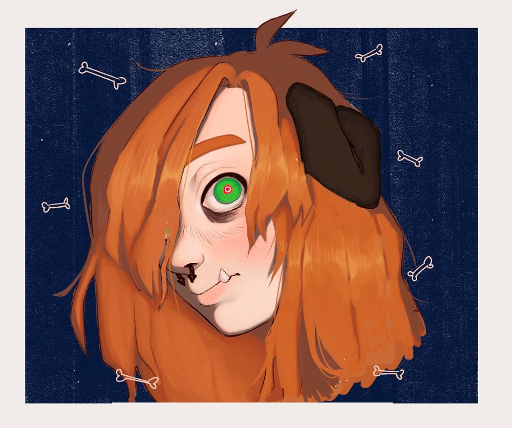 a messy painting of a dogboy staring in the camera, the lighting looks like theres a flashlight pointing on him and his one visible eye is neon green with a bright red pupil