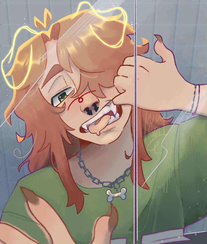 a ginger dude looking at his sharp teeth in the mirror, with shining imaginary dog ears on him