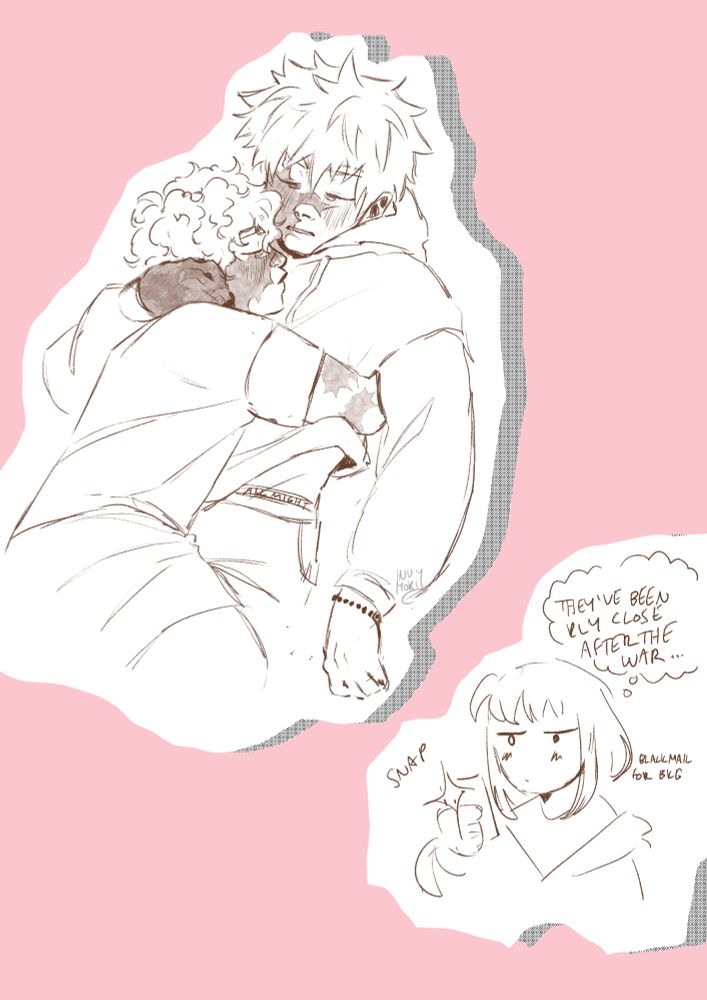 a doodle of bakugou and deku from my hero academia sleeping while they cuddle, with a small uraraka next to them thinking "they've been really close after the war"