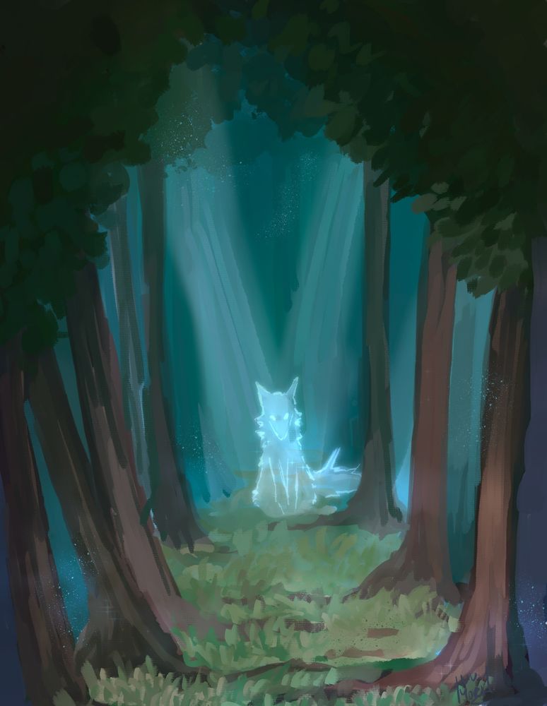 painting of a dark forest path, there is a glowing fox at the end of it