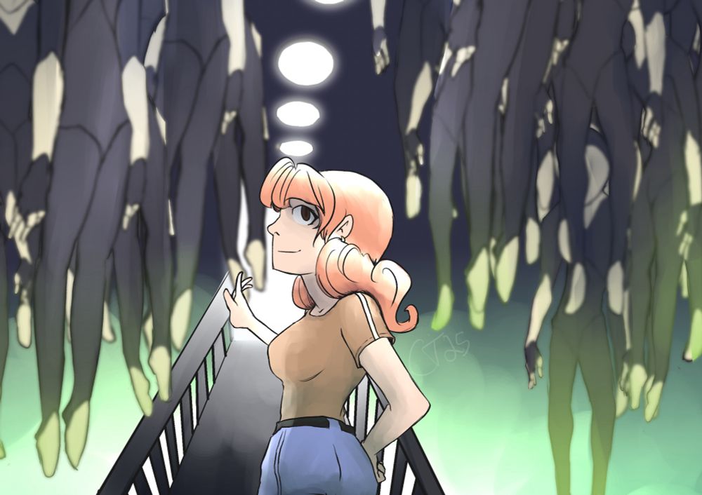 Pink haired girl beckons us across a catwalk to a glowing door while mannequins hang from the ceiling ominously