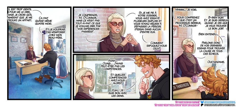 Finn est dans un bureau de l'agence de placement et discute avec la responsable de son dossier. Elle semble sceptique face à son parcours professionnel éparpillé.