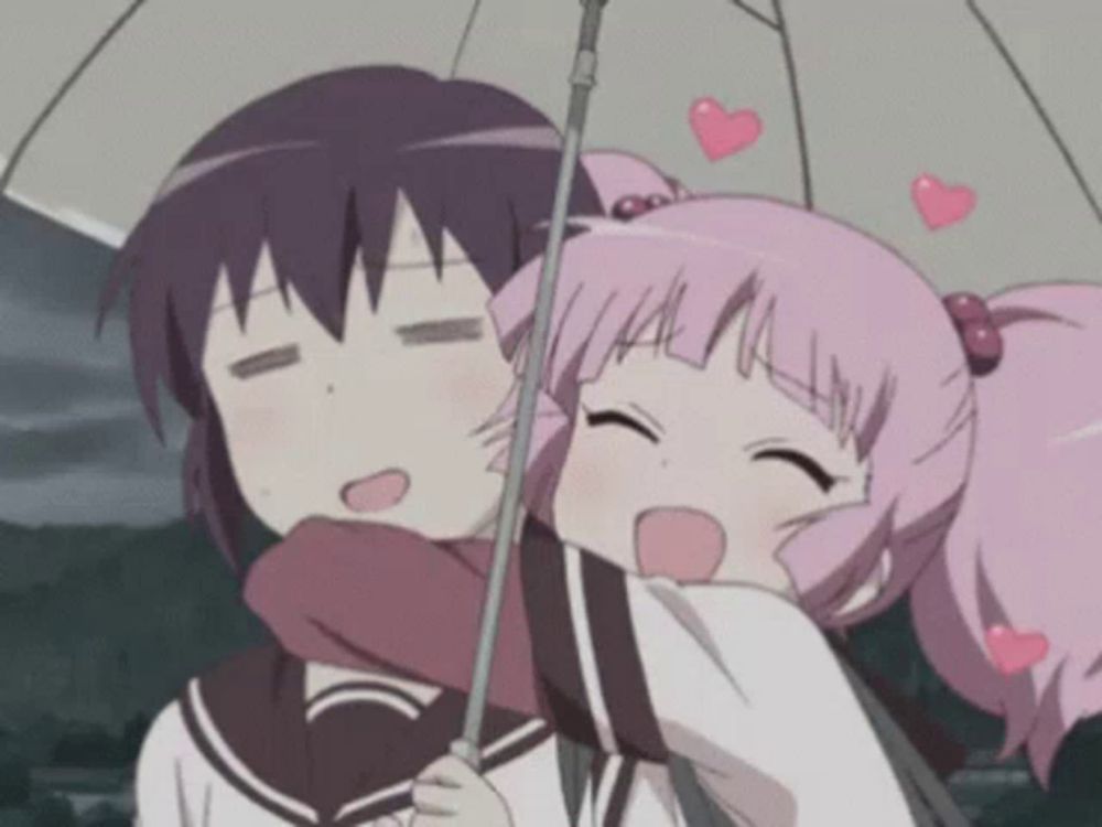 two anime girls hugging under an umbrella with hearts flying around them