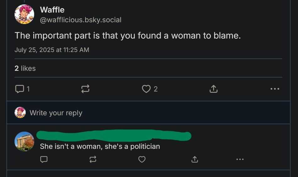 A dehumanizing response to a post that says "The important part is that you found a woman to blame." which has the name blocked out but reads "She isn't a woman, she's a politician."