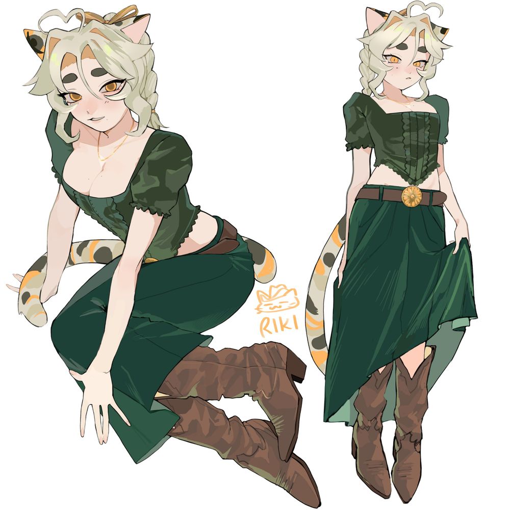 two drawings of riki in a vaquera inspired outfit